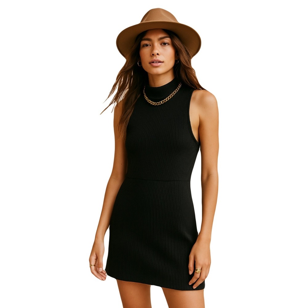 Free People Black Ribbed Knit Mini Dress Sleeveless‎ Mock Neck Fitted Casual XS